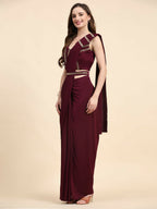 Maroon Polyester Solid Ready to Wear Saree with stitched Blouse - Nita | Grocsy