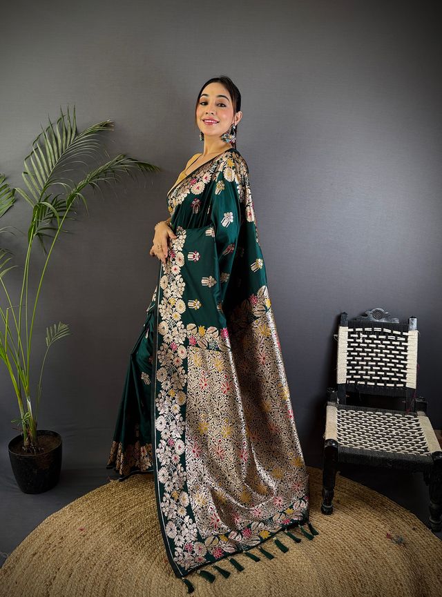 Elora Dark Green Soft Silk Floral Zari Weaving Meenakari Saree With Floral Border | Grocsy