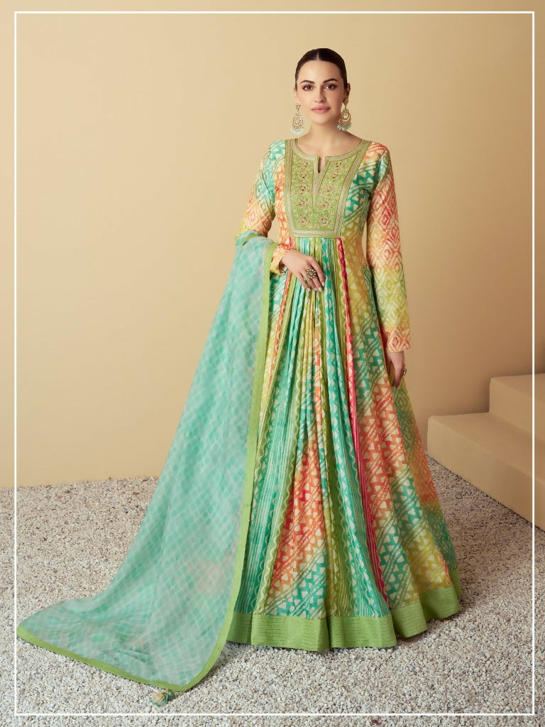 Vastranavya Turquoise Muslin Printed Sequins Beads Work Abaya Style Anarkali Suit | Grocsy