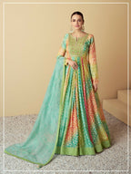 Vastranavya Turquoise Muslin Printed Sequins Beads Work Abaya Style Anarkali Suit | Grocsy