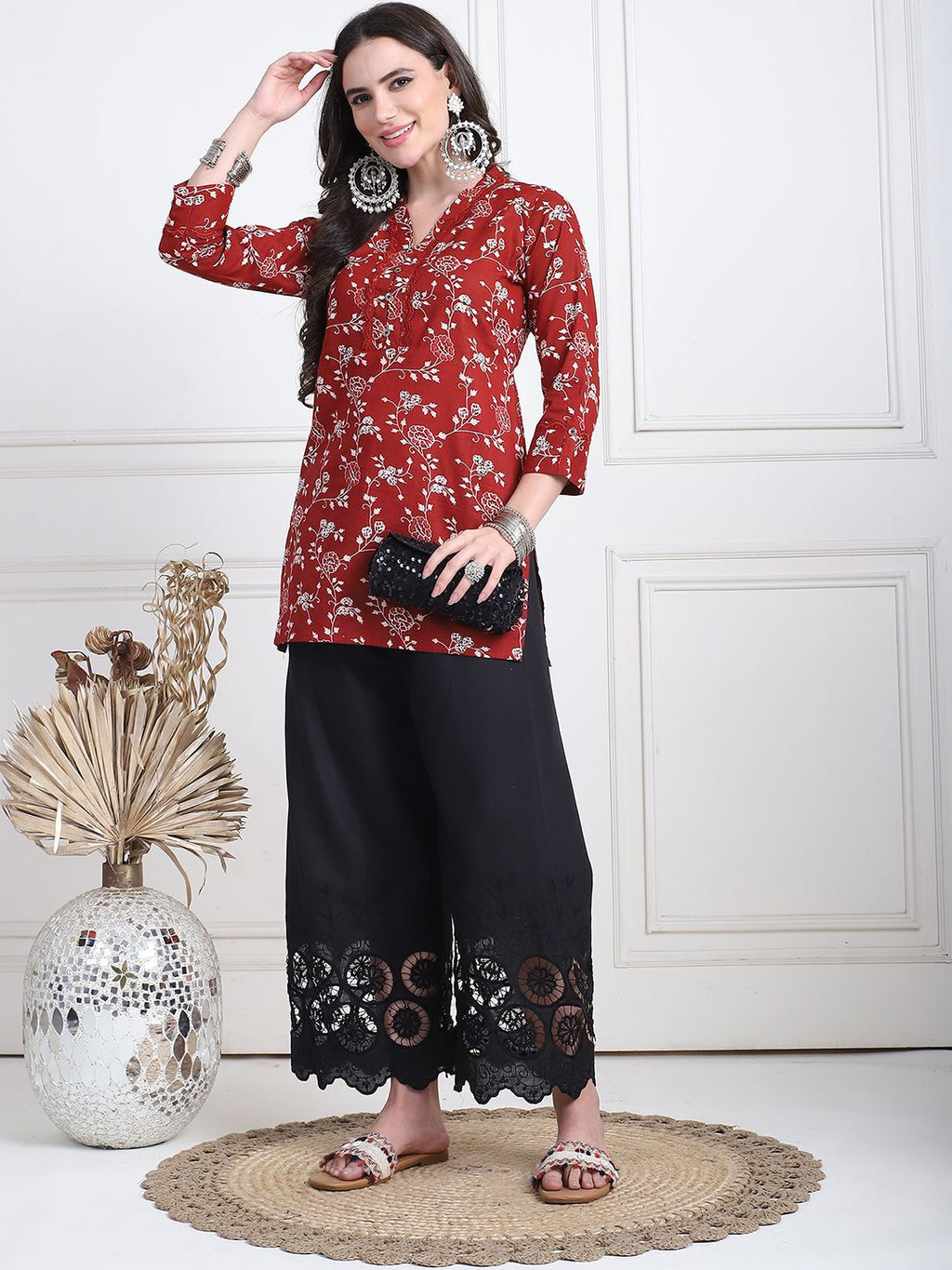 TAG 7 Women Floral Hem Design Flared Ethnic Palazzos | Grocsy