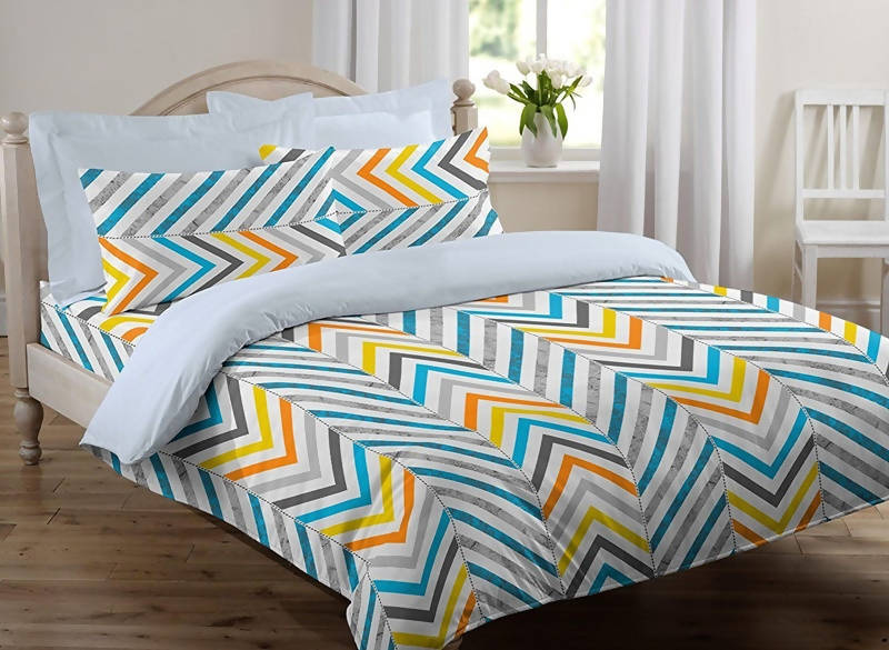 Vamika Printed Cotton White & Multicolor Bedsheet With Pillow Covers (LEOC_ZIGZAG_O) | Grocsy