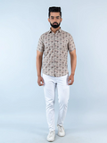 Miravan Men's Floral Printed Half Sleeve Spread Collar Ethnic Motifs Beige Slim Fit Shirt | Grocsy