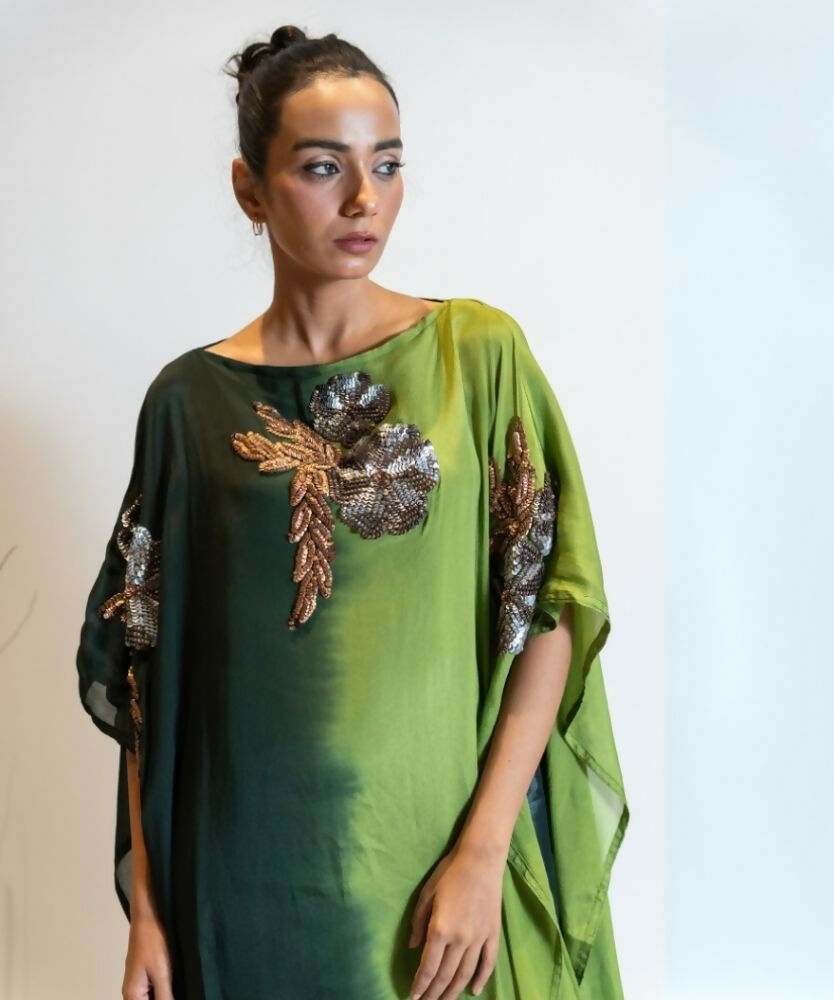 Timaraa Forest Green Ombre Embellished Georgette Kaftan Dress | Grocsy