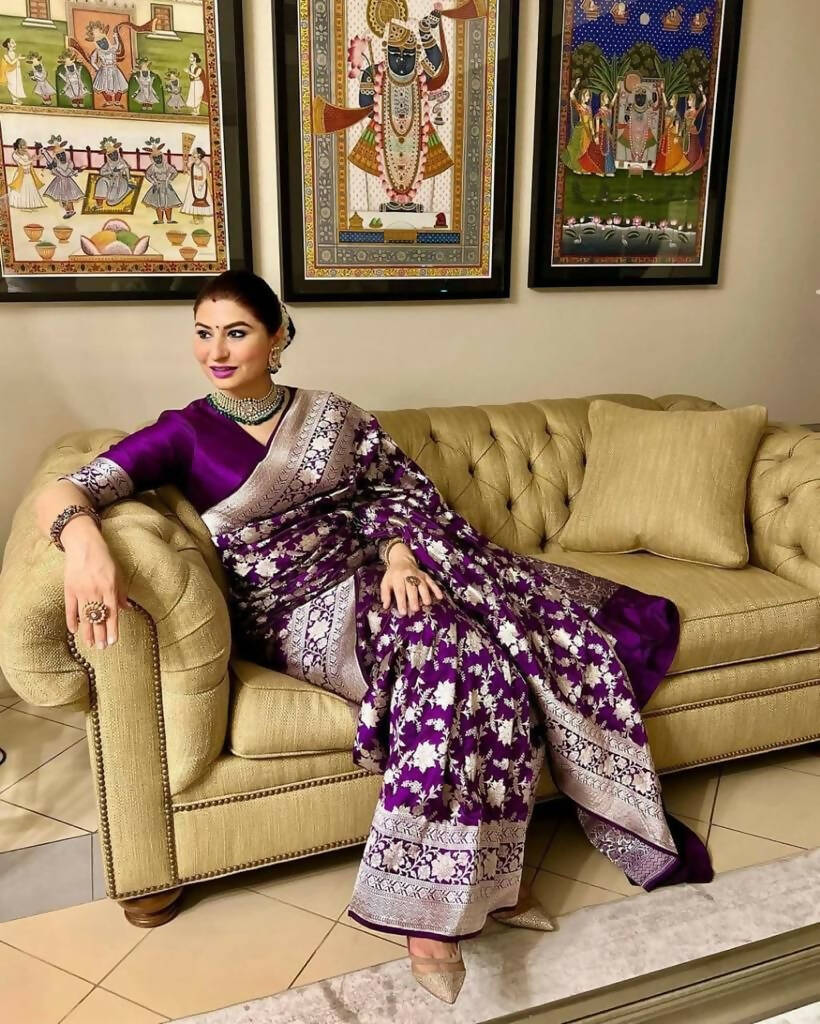 DEIANA'S Beautiful Designer Golden zari Soft Lichi Silk Saree - Wine | Grocsy