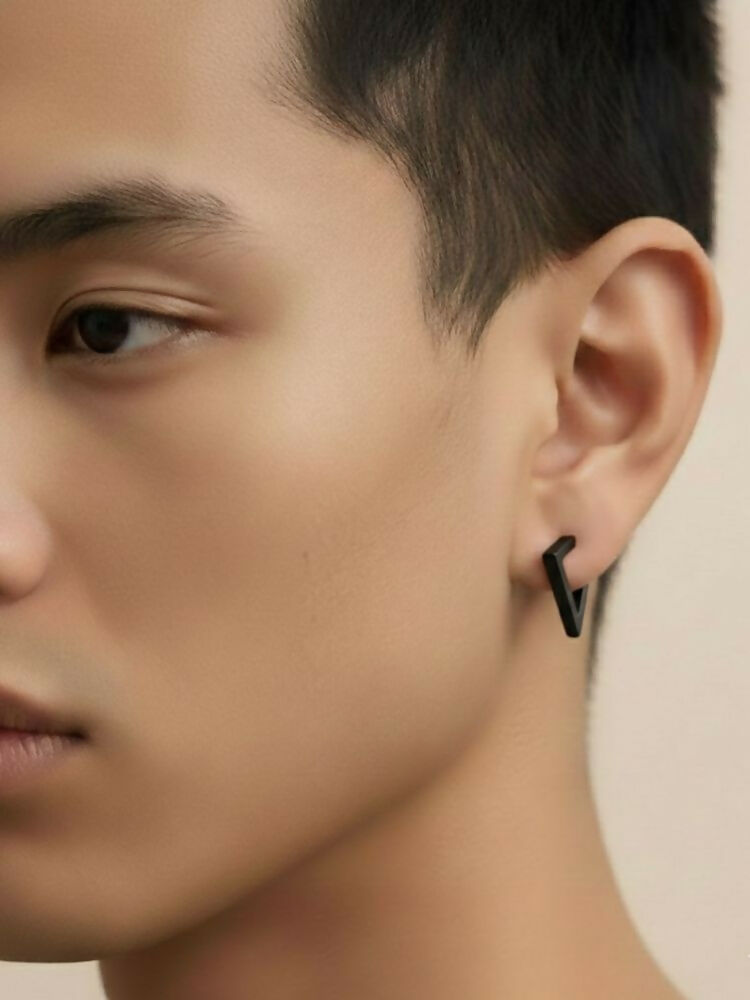 NVR Men's Black Rhodium Plated Geomatric Shaped Stud Earrings | Grocsy