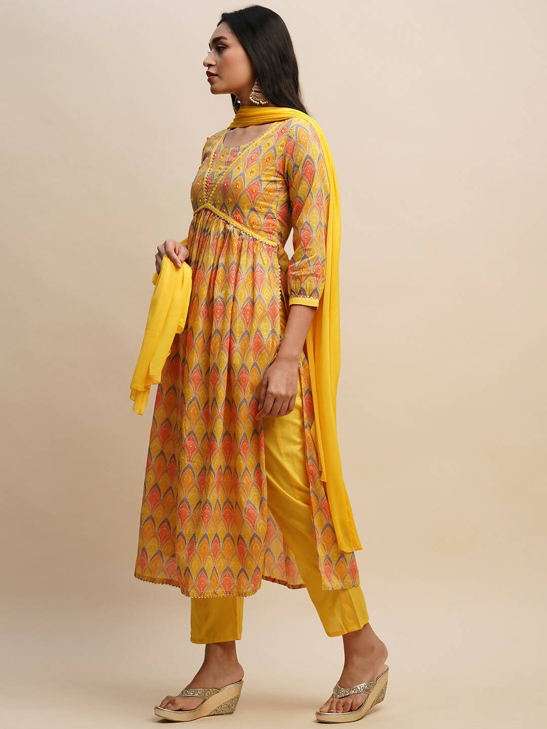 Yellow Pure Cotton Bandhani Printed Naira Cut Kurta And Bottom With Dupatta - Akashara | Grocsy