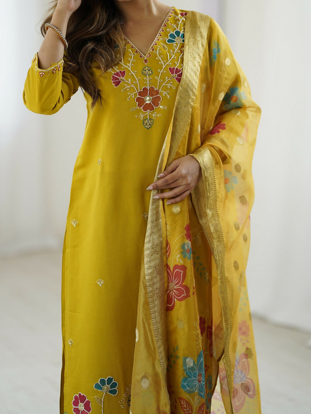 The52 Yellow Women's Gorgeous Embroidered work Viscose Gadhwal Fabric Straight Kurta, Pant and Dupatta Set | Grocsy