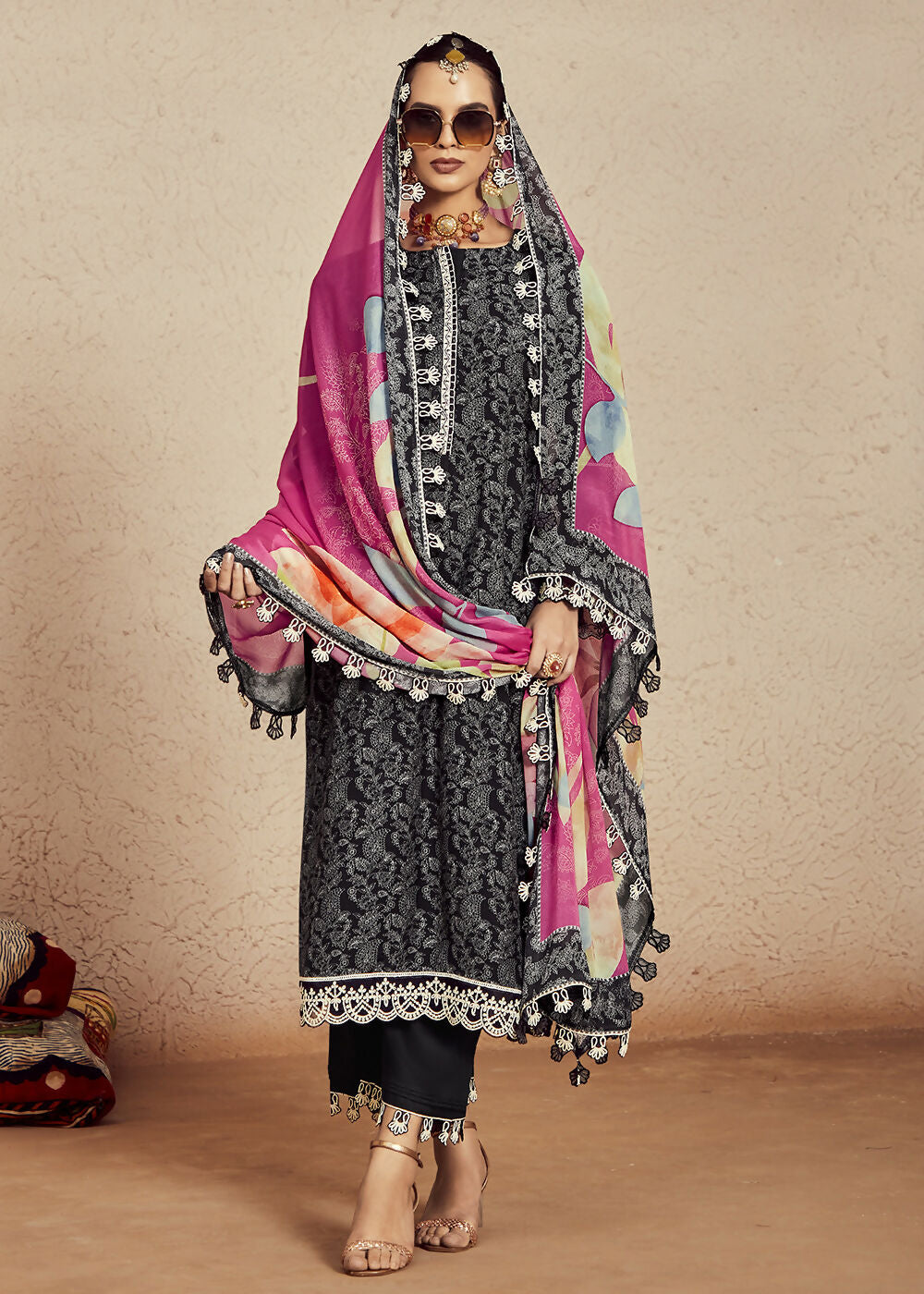 Muslin Cotton Digital Print & Embroidered Black Salwar Suit - Emponline | Grocsy