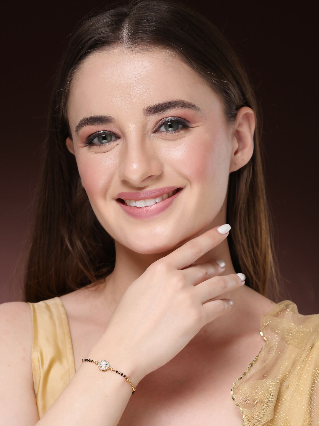 NVR Women Gold-Polished & Black Brass AD-Studded Hand Mangalsutra Link Bracelet
