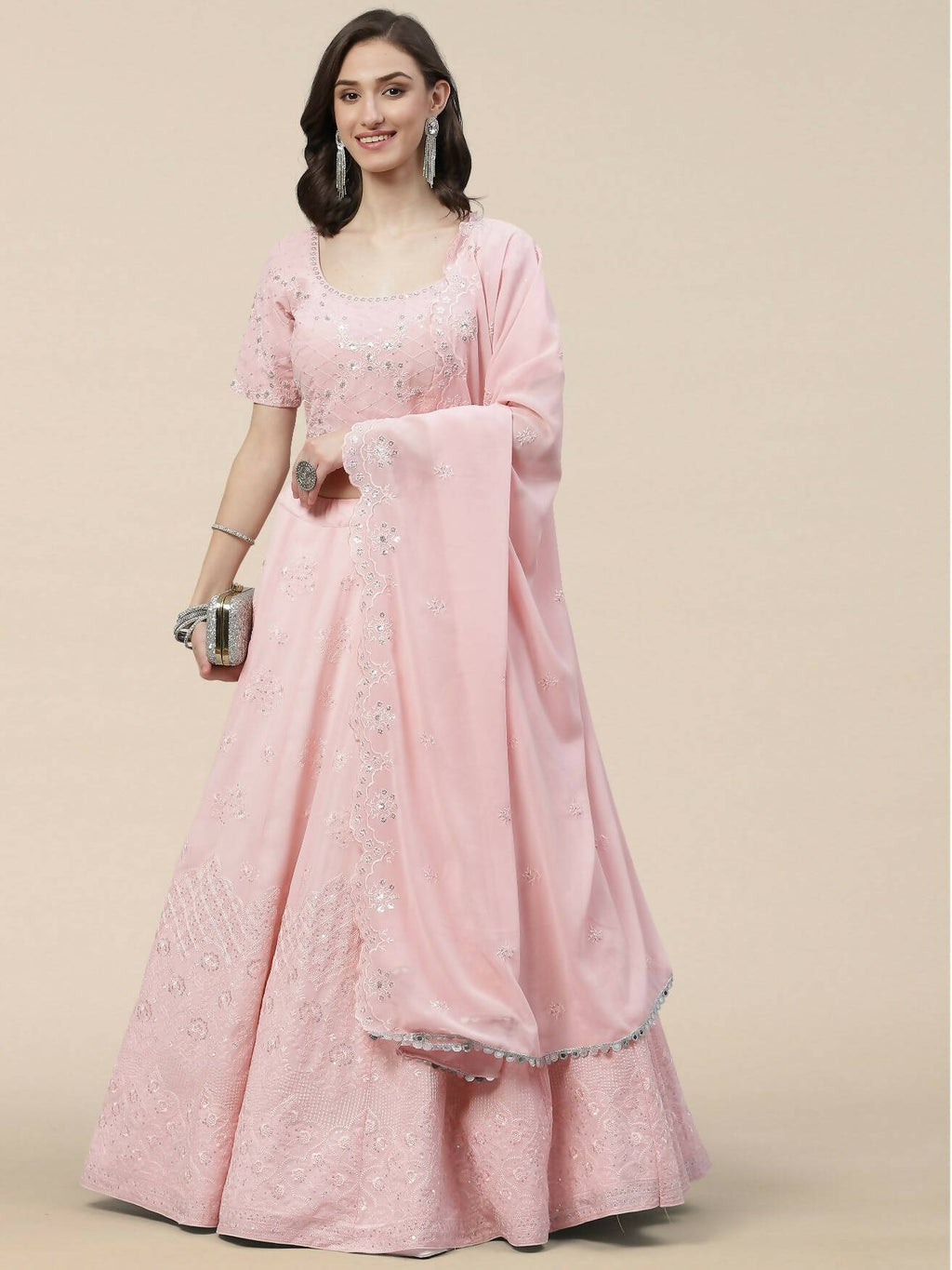 Pink Georgette Thread with Sequins Embroidered work Lehenga Choli with Dupatta - Jivika | Grocsy