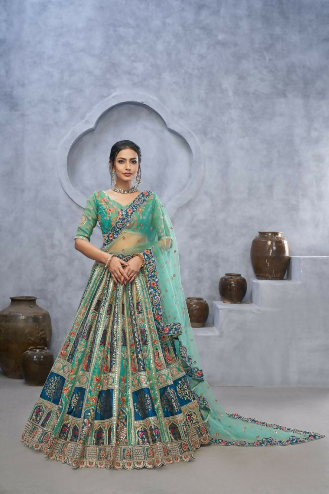 Kesar Fab Green Organza Embroidered Lehenga | Grocsy
