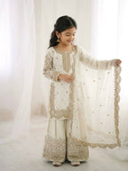 Teeya Creation Girls Heavy Embroidery White Ethnic Kurta And Palazzo Set With Net Dupatta | Grocsy