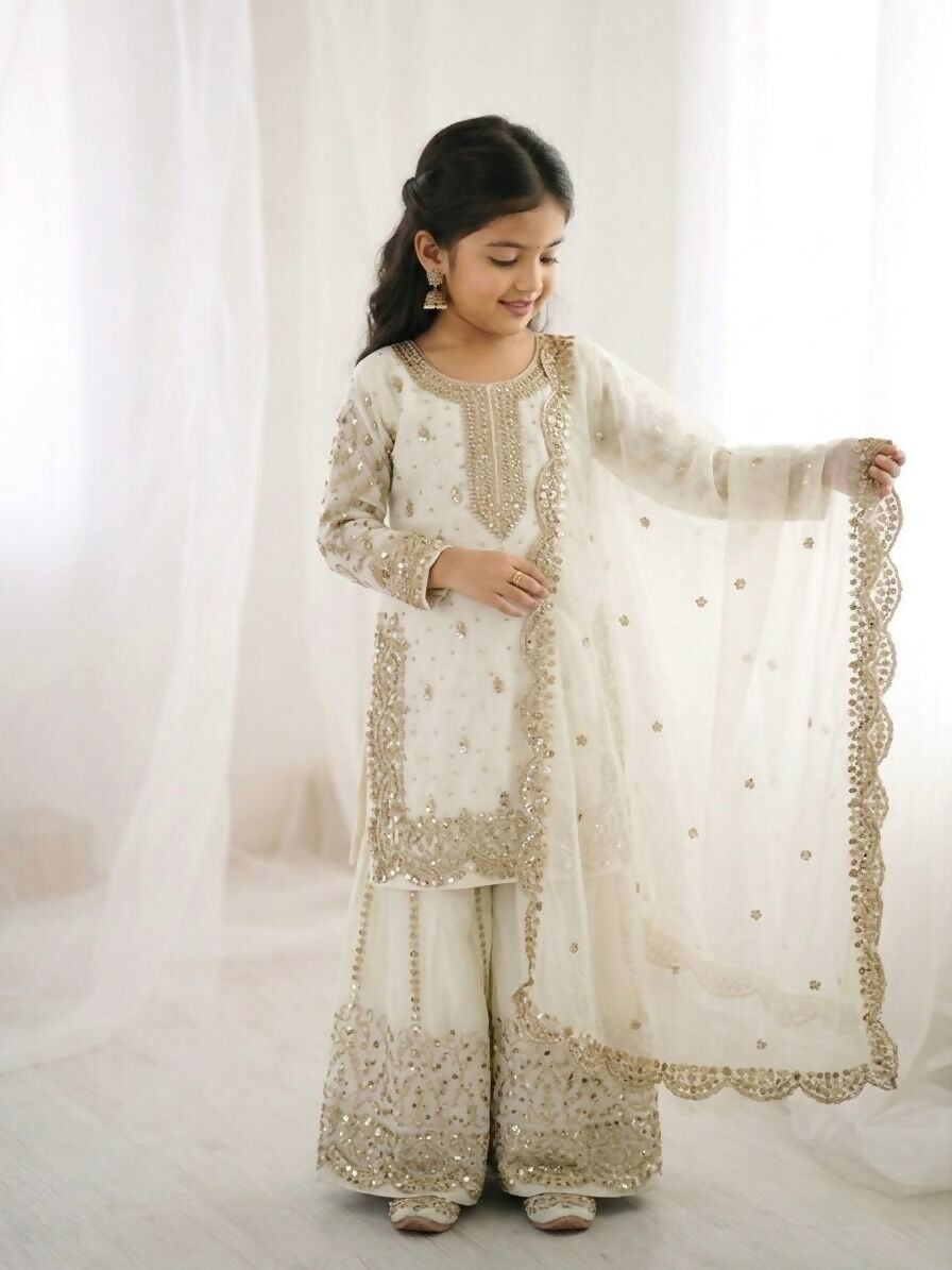 Teeya Creation Girls Heavy Embroidery White Ethnic Kurta And Palazzo Set With Net Dupatta | Grocsy