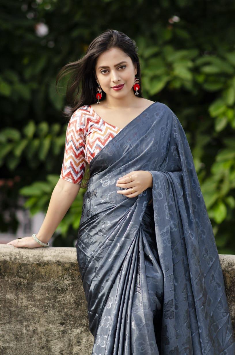 Grey Silk Blend Ethnic Motifs Saree with Unstitched Blouse - A2M | Grocsy
