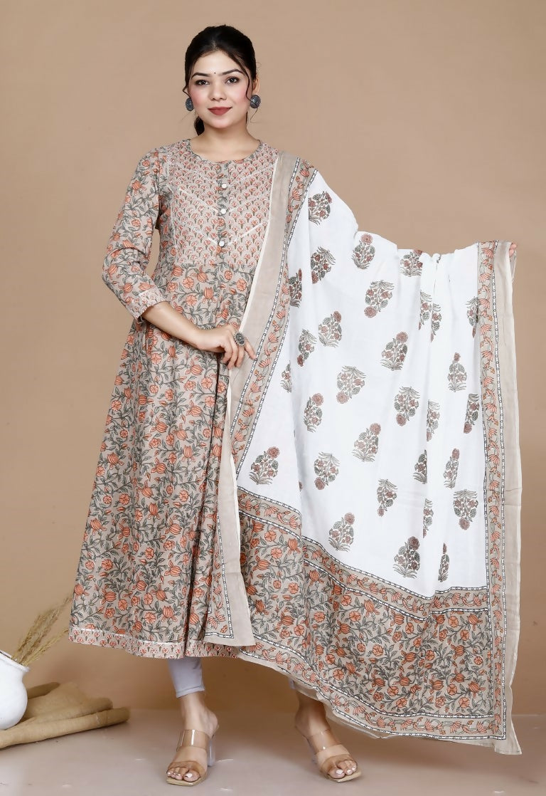 Miravan Women's Partywear Brown Floral Printed Gota Work Long Anarkali With Dupatta Set | Grocsy