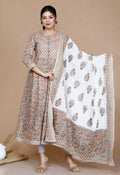 Miravan Women's Partywear Brown Floral Printed Gota Work Long Anarkali With Dupatta Set | Grocsy