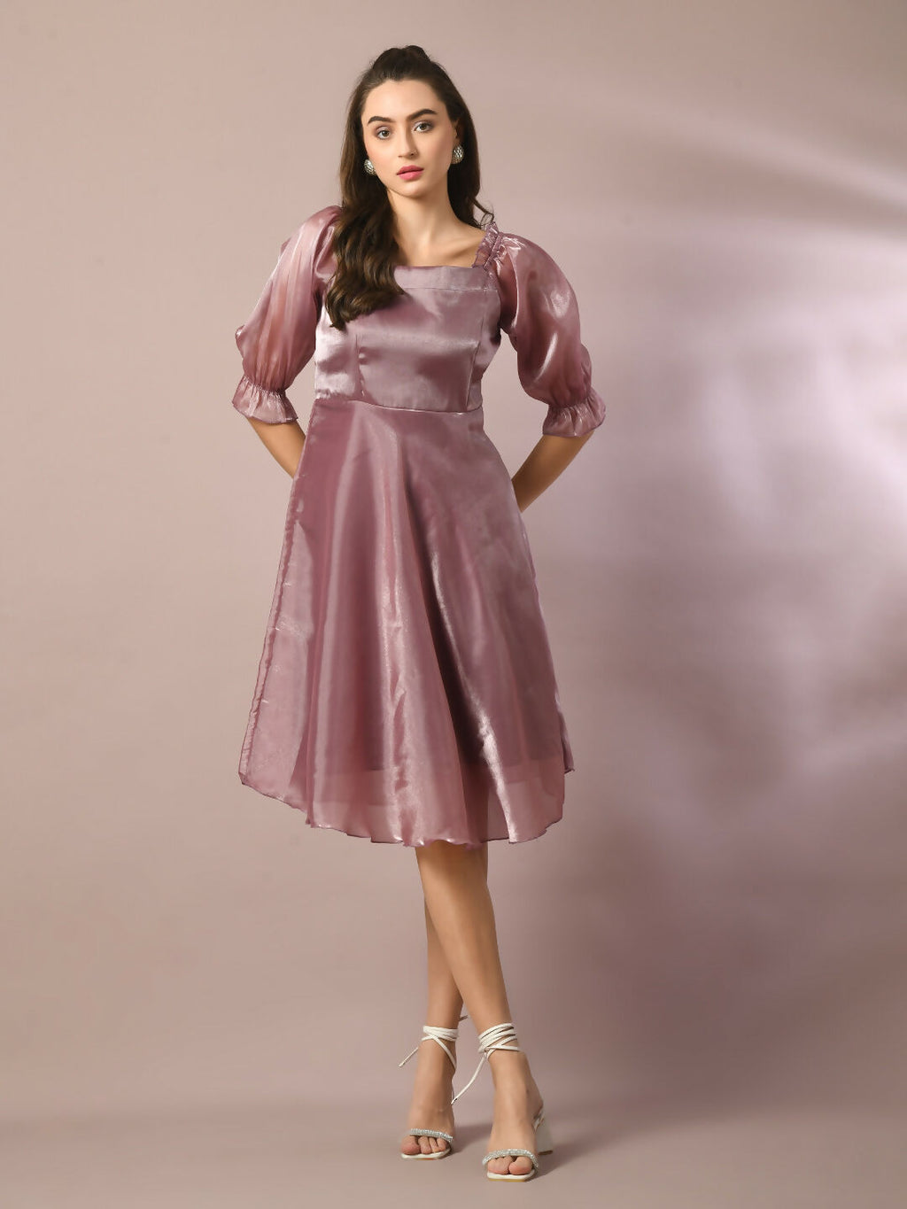 Myshka Women's Brown Solid Square Neck Fit and Flare Party Dress | Grocsy