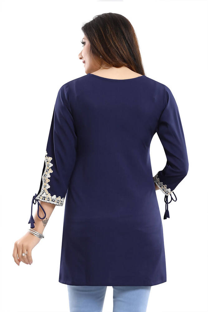 Snehal Creations Graceful Navy Blue Alluring Designer Kurti Tunic with Lace Detailing | Grocsy