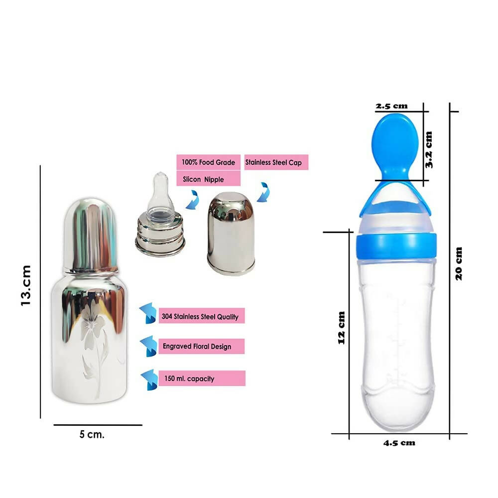 Goodmunchkins Stainless Steel Feeding Bottle, Food Feeder & Fruit Feeder Combo for Baby-(Blue-Yellow, 150ml) | Grocsy