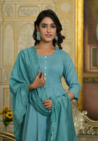 Juniper Women's Sky Blue Mirror Embroidered Liva Rayon Kurta Pant And Dupatta Set With Lace & Button Detail | Grocsy