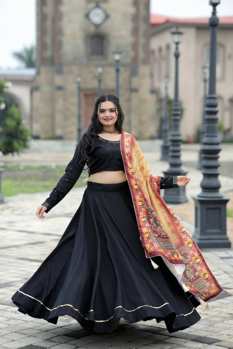 Vastranavya Navaratri Collection Gotta Patti Work & Blouse With Real Mirror Work Lehenga Choli - Black | Grocsy