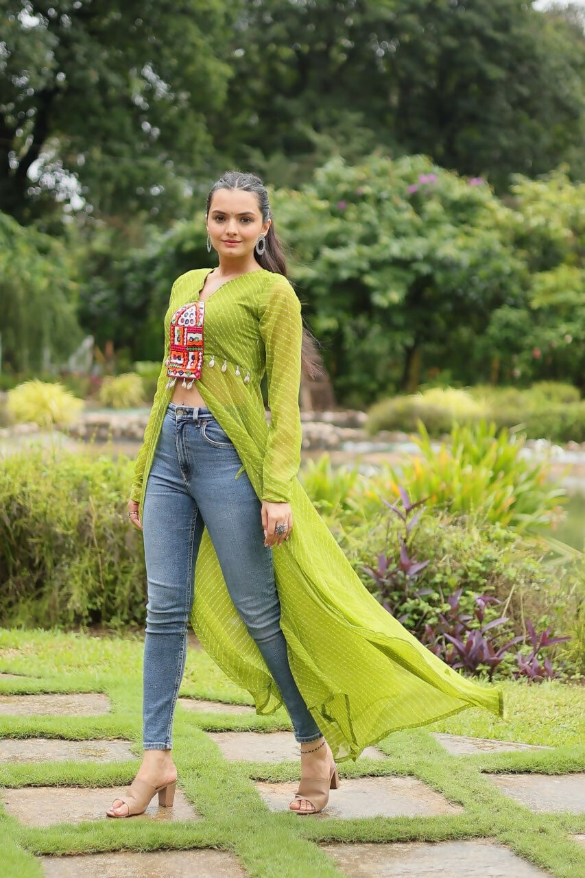 Vastranavya Parrot Green Navratri Special Kutchi Patch Work with Leheriya Printed Kurti | Grocsy