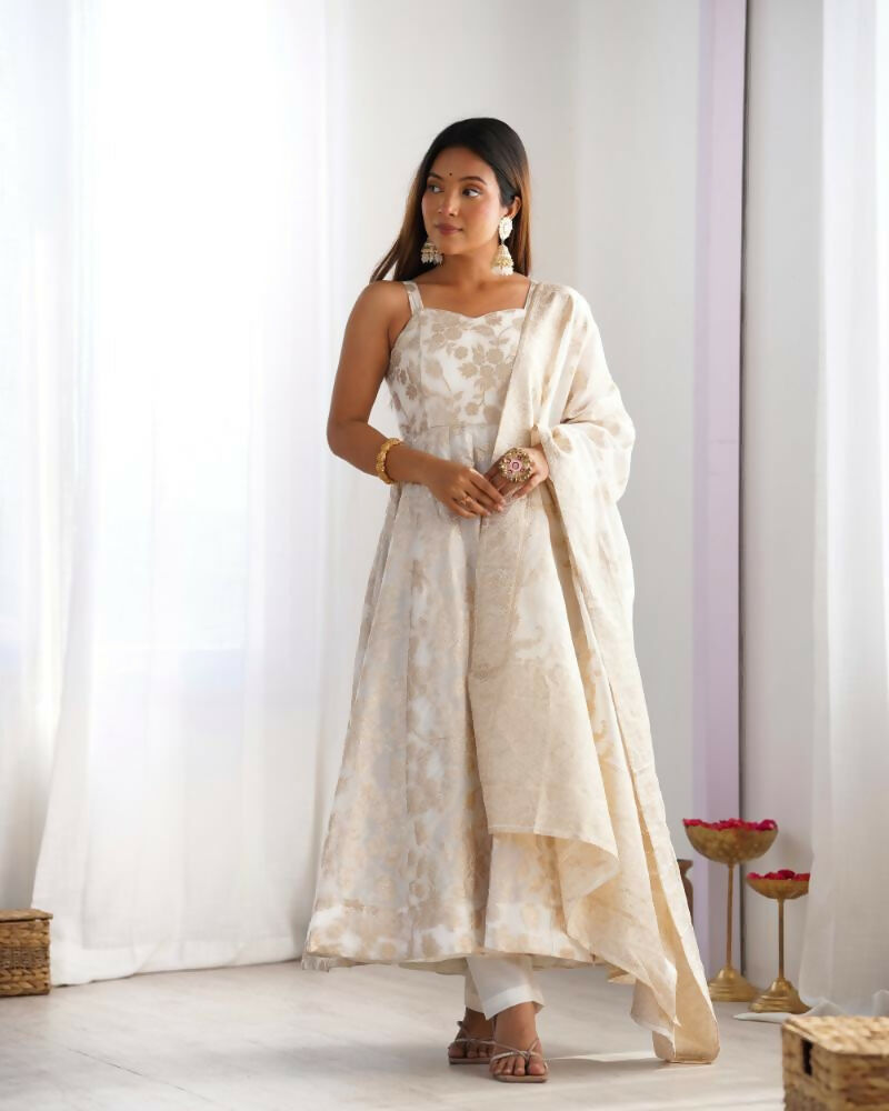 Lehenga Mart Designer Anarkali Suit With Kurta, Pant, Dupatta For Women-Off White | Grocsy