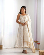 Lehenga Mart Designer Anarkali Suit With Kurta, Pant, Dupatta For Women-Off White | Grocsy