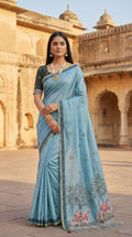 Vastranavya Sky Blue Muga Cotton Meenakari & Azarakh Pallu Saree with Contrast Blouse | Grocsy