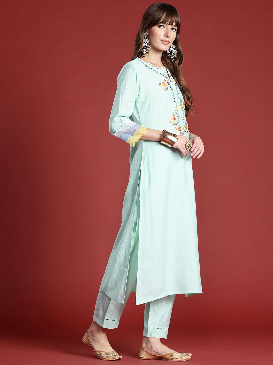 Indo Era Floral Embroidered Thread Work Kurta with Trousers & With Dupatta | Grocsy