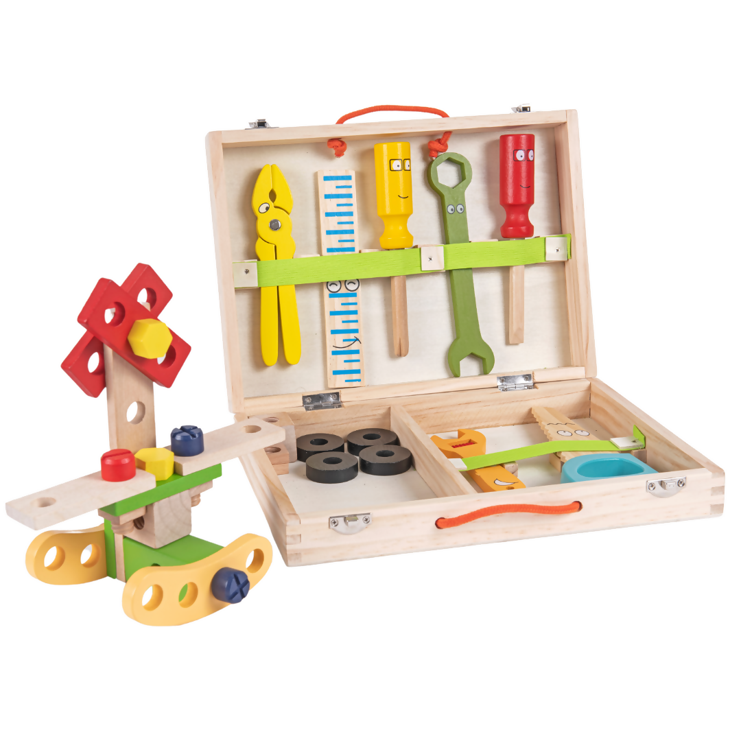 Nesta Toys Wooden Tool Kit Set with Tool Box, Pretend Play Portable Construction Tools Kit Toys for Kids, 36 Piece (3-8 Years) | Grocsy