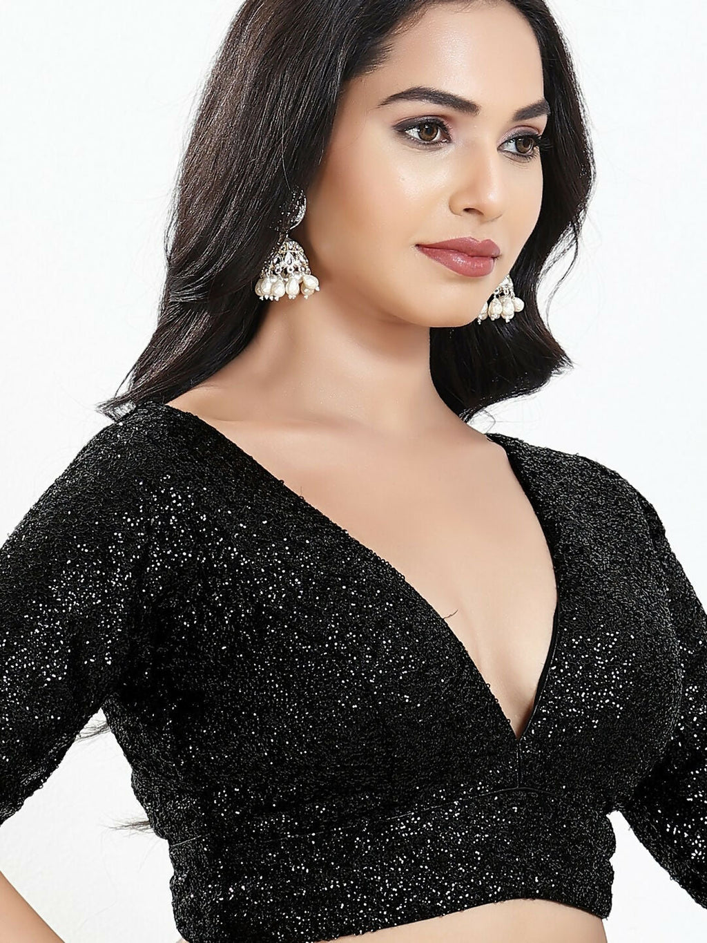 Joban Fashion Black Silk Padded Blouse With V Neck Elbow Sleeves | Grocsy