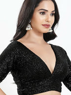 Joban Fashion Black Silk Padded Blouse With V Neck Elbow Sleeves | Grocsy