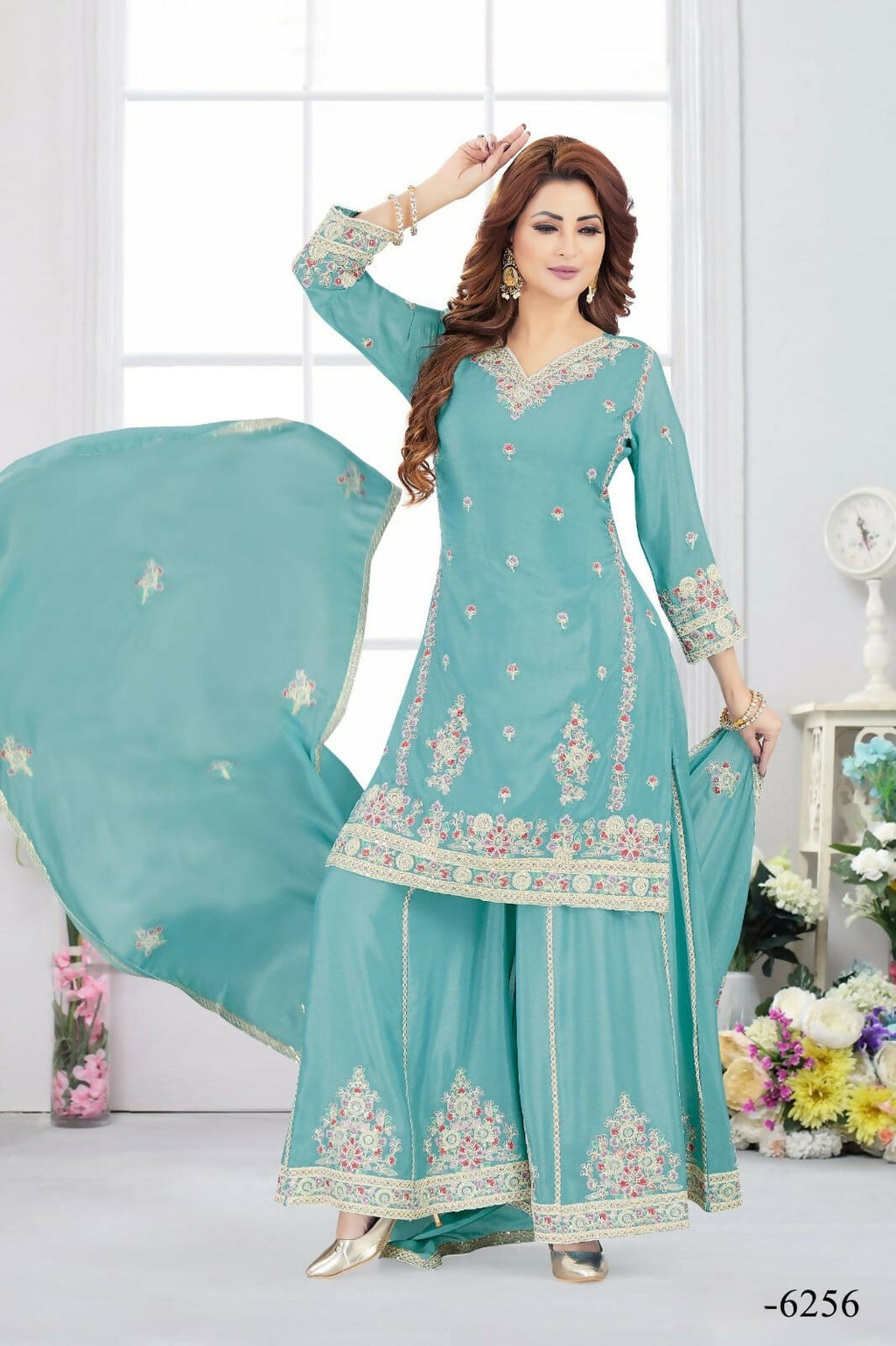 Joban Fashion Chinon Silk Firozi Color Kurta Set | Grocsy