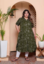 Miravan Womens Plus Size Pure Cotton Floral Printed Green Button Down A-Line Midi Dress | Grocsy