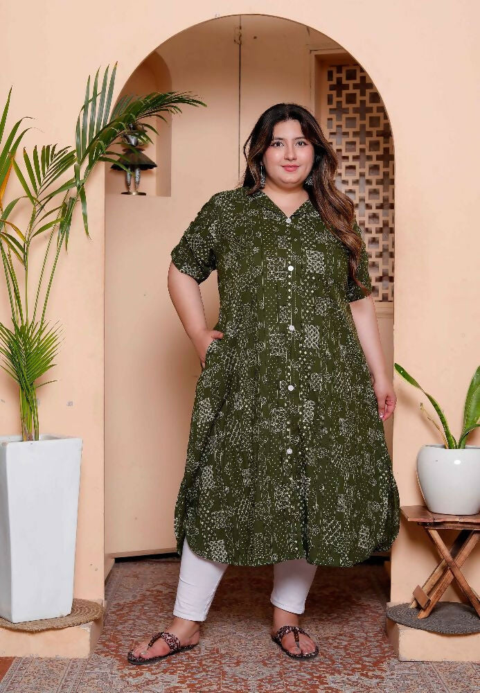 Miravan Womens Plus Size Pure Cotton Floral Printed Green Button Down A-Line Midi Dress | Grocsy