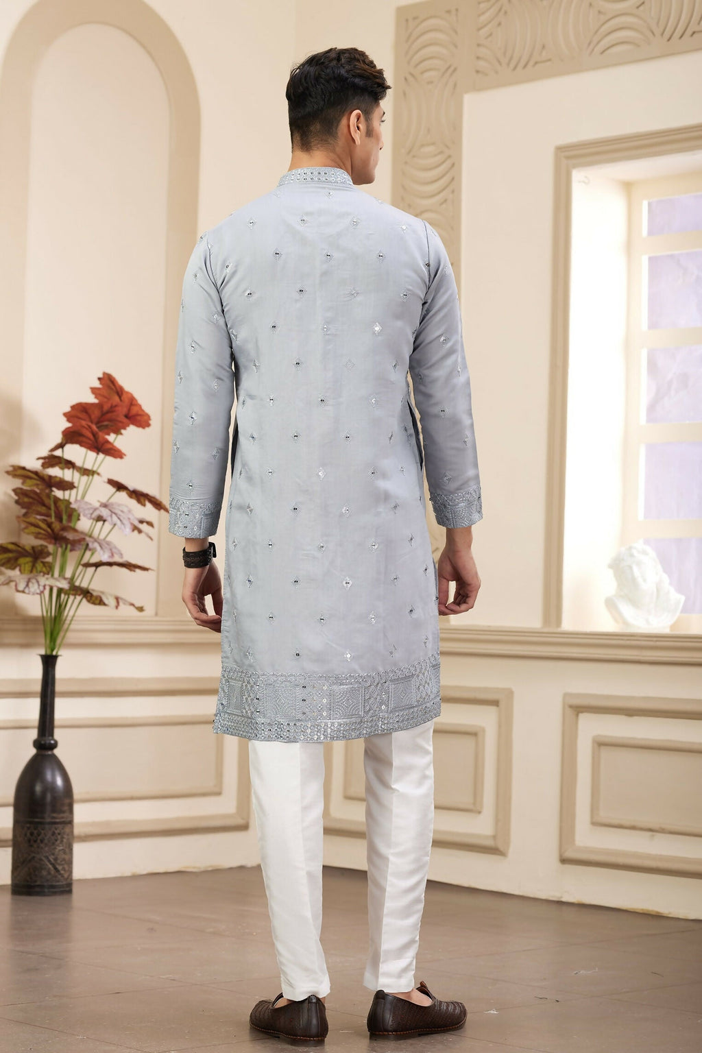 Raivat Ethnic Men's Art Silk Thread Work Kurta Pyjama In Light Grey Colour | Grocsy