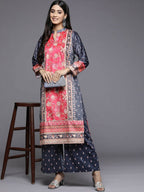 Ahalyaa Women Navy Blue Ethnic Motifs Printed Gotta Patti Velvet Kurta with Palazzos | Grocsy