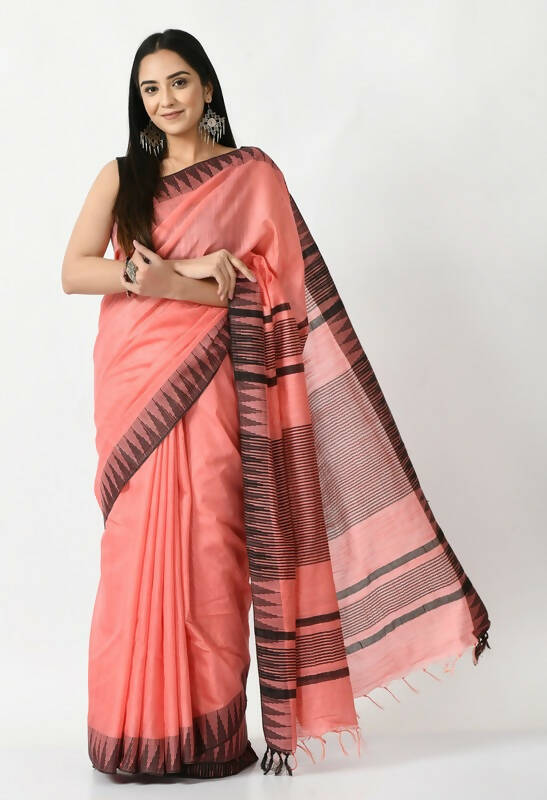 Mominos Fashion Moeza Gajari Pink Bhagalpuri Handloom Silk Black Temple Border Saree with unstitched Blouse piece | Grocsy