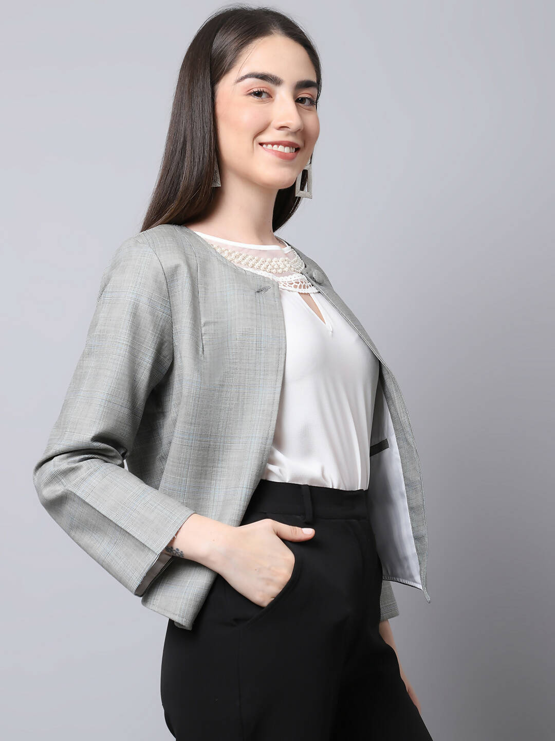 Even Apparels Grey Polywool Open Front Statement Women's Jacket (BF662) | Grocsy
