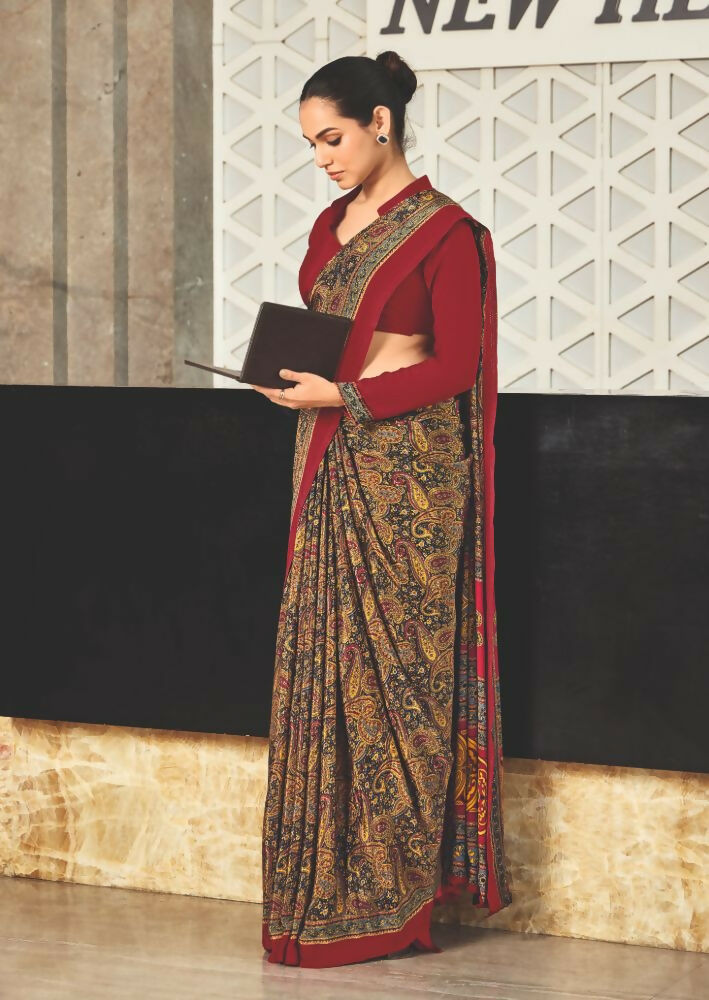 Joban Fashion Mustard Crepe Silk with Traditional Print Saree | Grocsy