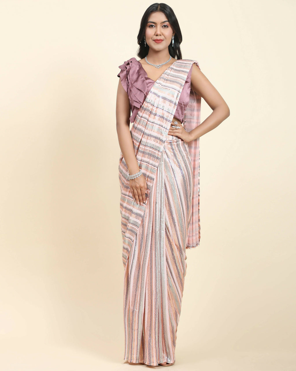 Peach Pure Georgette Sequence work Ready to wear Saree with stitched Blouse - Satiksha | Grocsy