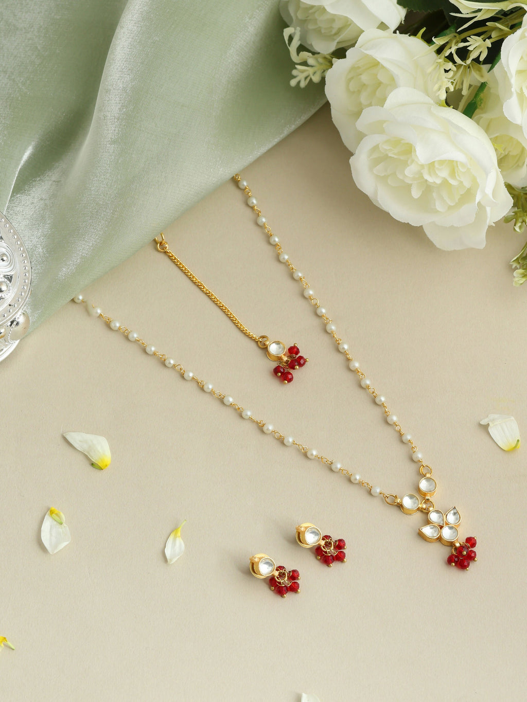 Ruby Raang Maang Tikka With Necklace And Earrings Set | Grocsy