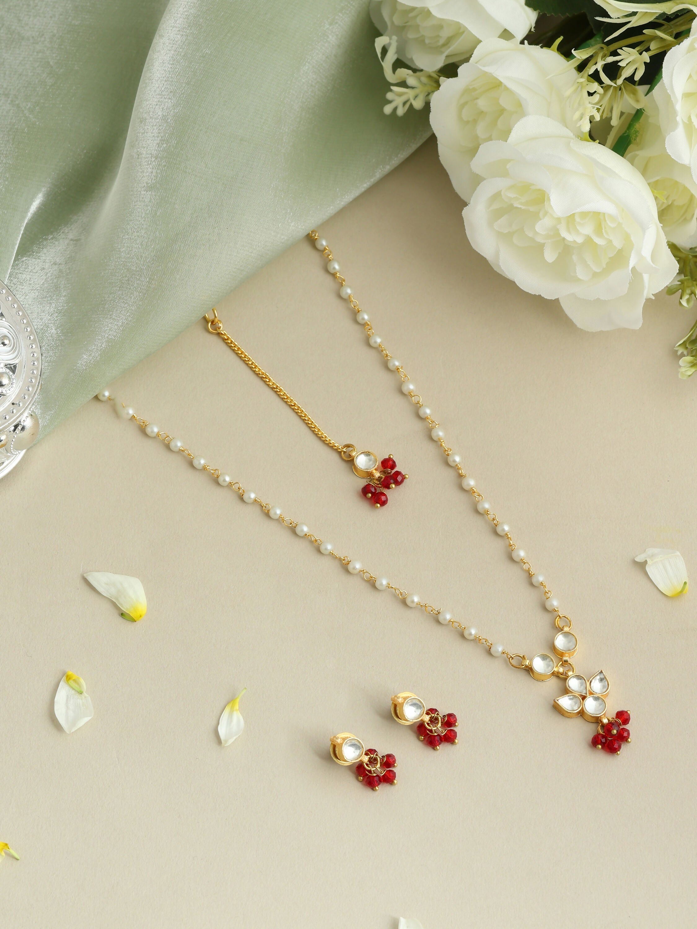 Ruby Raang Maang Tikka With Necklace And Earrings Set | Grocsy