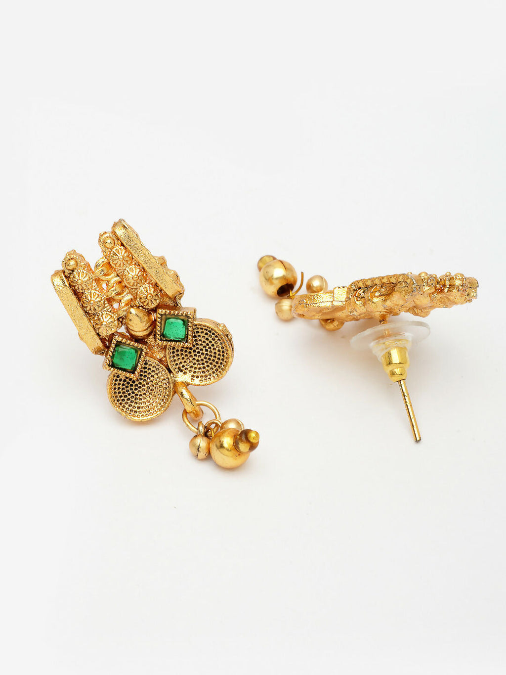 NVR Women's Gold-Polished Green Stone Studded Handcrafted Temple Jewellery Set | Grocsy