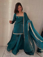 Teeya Creation Womens New Trending Less and Mirror Work Kurta Palazzo Set - Teal | Grocsy