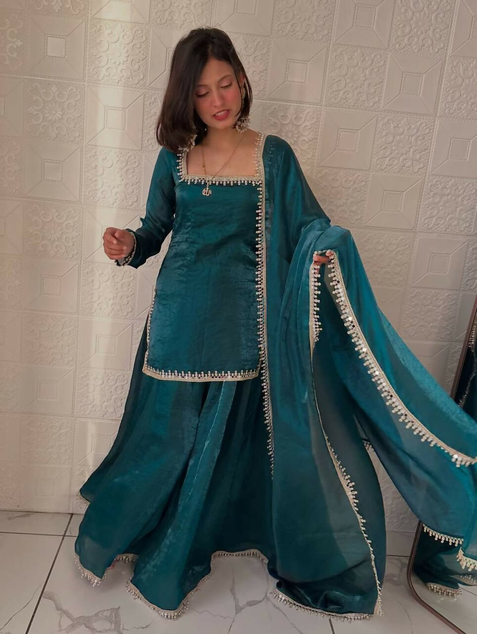 Teeya Creation Womens New Trending Less and Mirror Work Kurta Palazzo Set - Teal | Grocsy