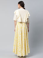 Ahalyaa Women Crepe Cream Solid Top with Printed Skirt with Ruffle Details | Grocsy