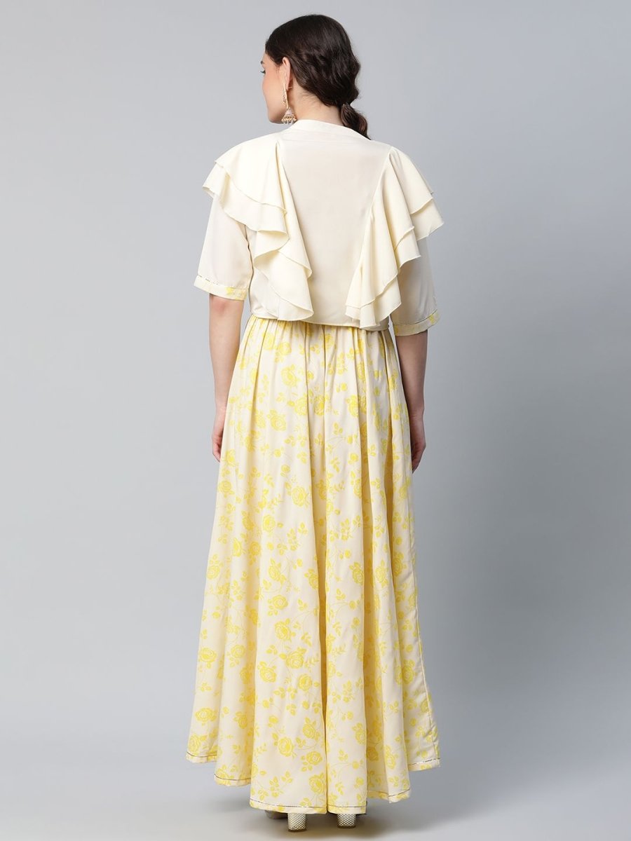Ahalyaa Women Crepe Cream Solid Top with Printed Skirt with Ruffle Details | Grocsy